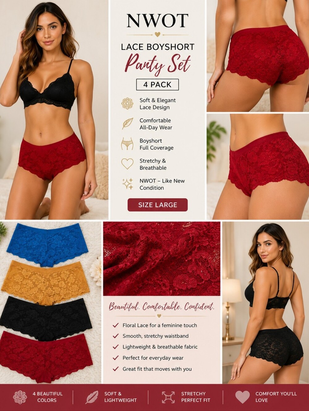NWOT Vision Intimates Lace Boyshort Panties 4 Pack Large Multicolor Lace